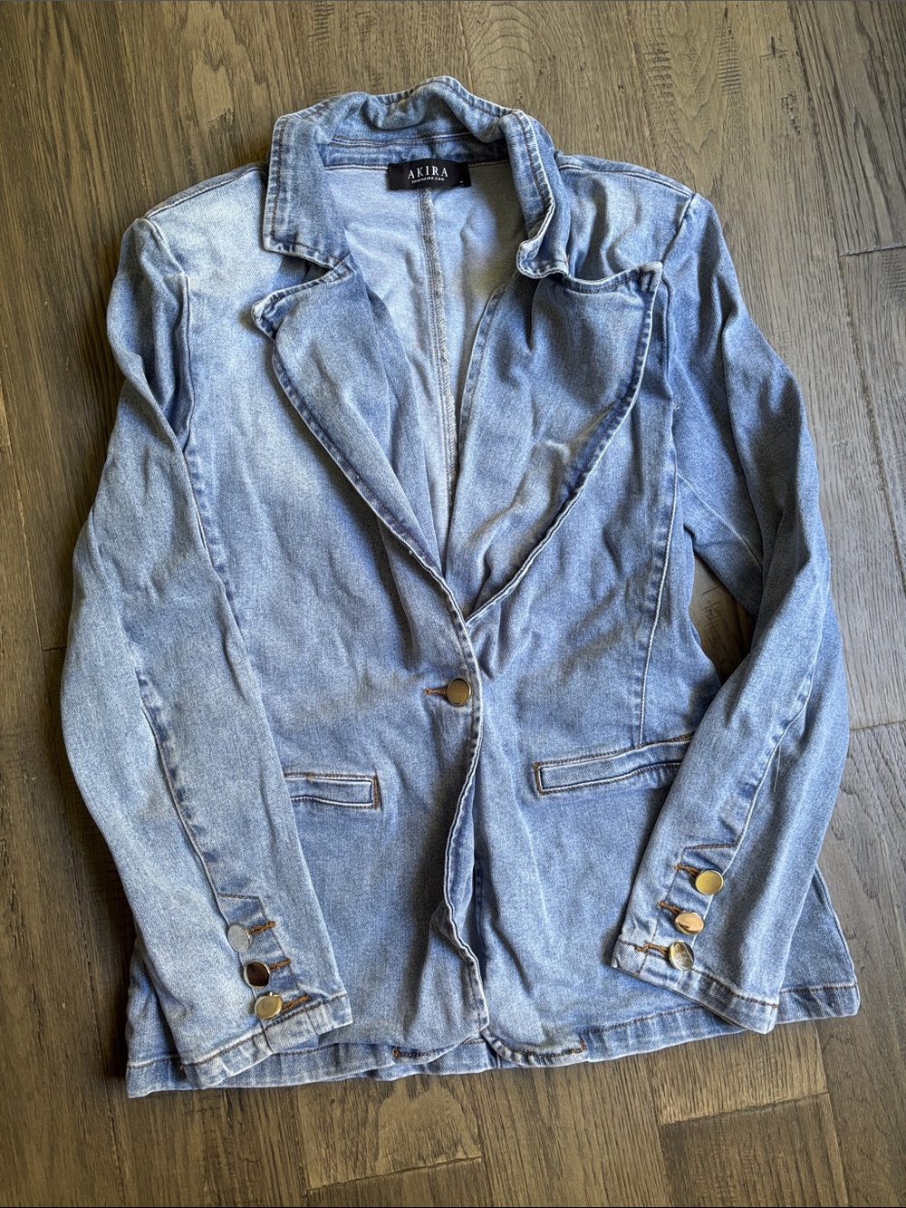 AKIRA | 99% Cotton Light Blue Washed Denim Blazer Gold Buttons Size Medium